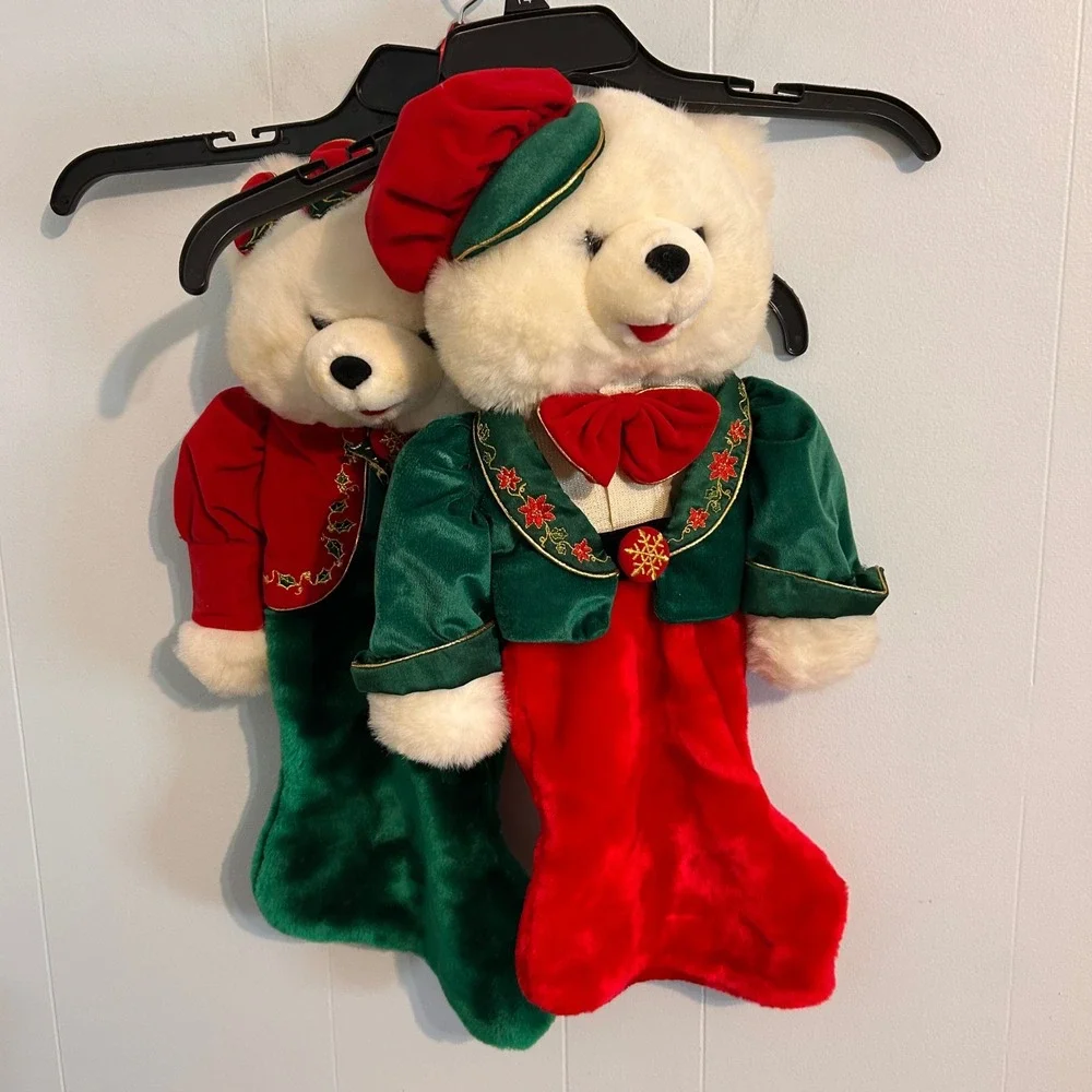 Vintage TB Toy Trading Christmas Bear Stockings Set of 2 Red Green Velvet Plush